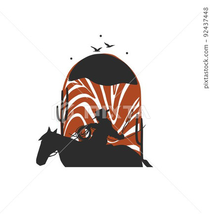 Hand drawn abstract vector graphic clipart illustration boho cowboy rider composition.Wild Western design concept.Bohemian wild west contemporary art.Cowboy modern art drawing.American cowboy logo. 92437448