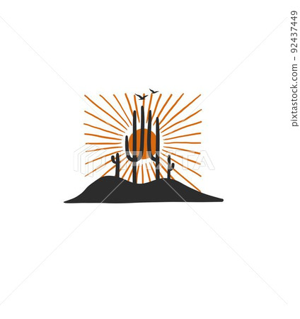 Hand drawn abstract vector graphic clipart illustration boho western print design,cactus and sunset.Western logo design concept.Bohemian wild west contemporary art.Cowboy girl modern drawing logo. 92437449