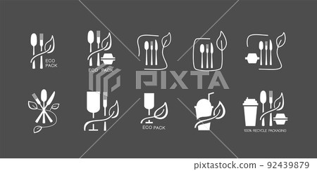 Fast food and take away eco packaging symbol set for restaurant, cafe, bistro and diner. Plastic free and recyclable. Vector stock illustration isolated on black chalkboard background. EPS10 Fast food and take away eco packaging symbol set for restaurant, cafe, bistro and diner. Plastic free and recyclable. Vector stock illustration isolated on black chalkboard background. EPS10 92439879