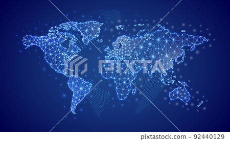 World Map 3d low poly symbol with blue world map background. Travel concept design illustration. Earth planet polygonal symbol with connected dots 92440129