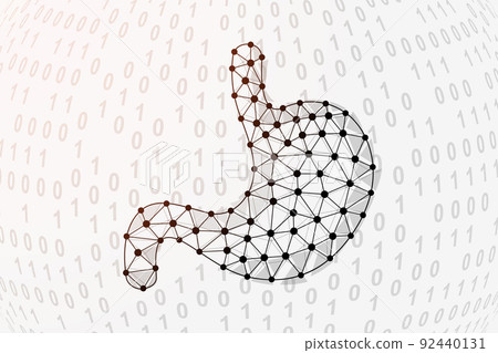 Stomach 3d low poly symbol with binary code background. Digestive system design illustration. Organ anatomy polygonal symbol with connected dots Stomach 3d low poly symbol with binary code background. Digestive system design illustration. Organ anatomy polygonal symbol with connected dots 92440131