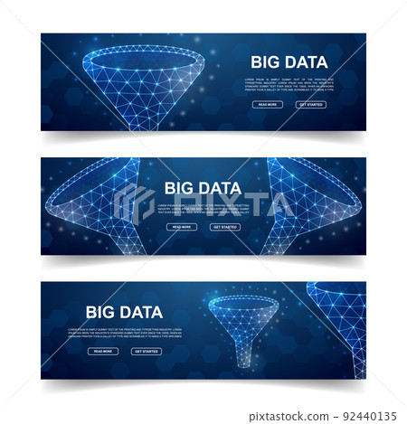 Set of three Funnel horizontal banners. Horizontal illustration for homepage design, promo banner. Big data low poly symbols with connected dots 92440135