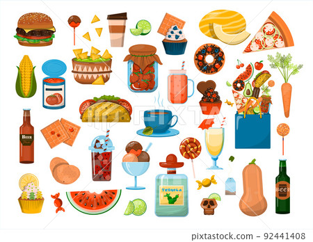 Vector big Food set. Flat icons set. Menu Restaurant, carts, sale, ads. Cartoon illustration of healthy food, fast food, mexican, fruits, vegetables. Logotype Symbol Design Vector big Food set. Flat icons set. Menu Restaurant, carts, sale, ads. Cartoon illustration of healthy food, fast food, mexican, fruits, vegetables. Logotype Symbol Design 92441408