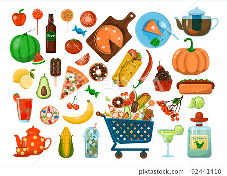 Vector big Food set. Flat icons set. Menu Restaurant, carts, sale, ads. Cartoon illustration of healthy food, fast food, mexican, fruits, vegetables. Logotype Symbol Design Vector big Food set. Flat icons set. Menu Restaurant, carts, sale, ads. Cartoon illustration of healthy food, fast food, mexican, fruits, vegetables. Logotype Symbol Design 92441410
