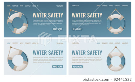 Water safety, lifebuoy with rope, set of blue and light web template, vector illustration Water safety, lifebuoy with rope, set of blue and light web template, vector illustration 92441522