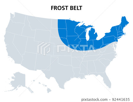 Frost Belt of the United States, political map. Region in the northeast, including the Great Lakes region and part of Upper Midwest. Known for its cold winter climate with heavy frosts and snowfalls. 92441635