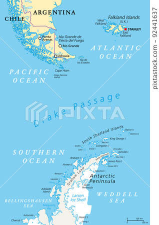 Drake Passage, political map. Mar de Hoces, Hoces Sea, body of water between Cape Horn and Antarctica Peninsula. Connect South Atlantic Ocean with South Pacific Ocean, extends into Southern Ocean. 92441637