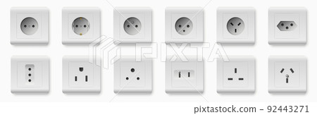 Realistic socket types. Plastic white interior wall outlets mockup. Different power contacts. Electrical charging equipment. Electricity circuit connector. Vector isolated objects set Realistic socket types. Plastic white interior wall outlets mockup. Different power contacts. Electrical charging equipment. Electricity circuit connector. Vector isolated objects set 92443271