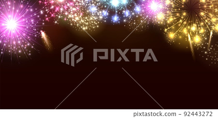 Realistic fireworks background. Pyrotechnics explosions. Holiday celebration. Festive night lights. Firecracker bursts. Glowing bright flashes in sky. Vector backdrop with copy space Realistic fireworks background. Pyrotechnics explosions. Holiday celebration. Festive night lights. Firecracker bursts. Glowing bright flashes in sky. Vector backdrop with copy space 92443272