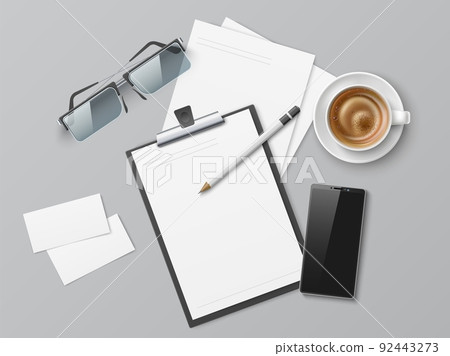 Realistic desktop top view. Office worker workplace composition. Tablet and smartphone on desk. Coffee cup. Eyeglasses and pencil. Document blank pages. Notepaper sheets. Vector concept Realistic desktop top view. Office worker workplace composition. Tablet and smartphone on desk. Coffee cup. Eyeglasses and pencil. Document blank pages. Notepaper sheets. Vector concept 92443273