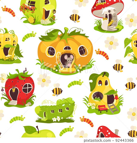 Magic houses seamless pattern. Fairy tale kids print. Fantastic cute homes. Vegetable dwarf cottages. Fruit and mushroom buildings. Funny bees. Mice and frogs. Splendid vector background 92443366