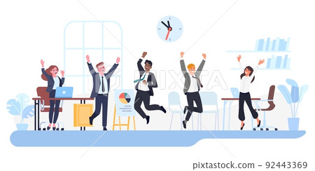 Happy business people. Cheerful men and women jumping in office. Employees work success. Workers team victory. Businessmen celebrating achievements. Excited colleagues poses. Vector concept 92443369