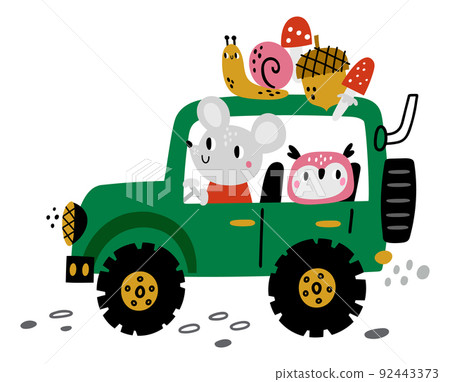 Forest animals traveling in green offroad car. Cute kid print 92443373
