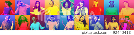 Happy excited bright young different people in headphones dance, listen to favorite music Happy excited bright young different people in headphones dance, listen to favorite music 92443418