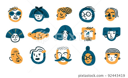Abstract people portraits. Funny men or women faces. Characters profiles. Decorative male and female heads. Doodle caricature avatars. Different moods and emotions. Classy vector icons set 92443419