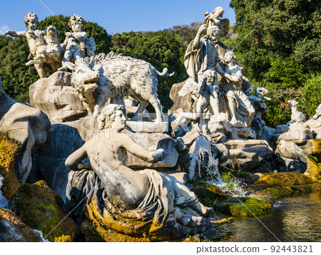 Stunning view of the fountain of Venus and Adonis, Royal Palace of Caserta, Italy 92443821