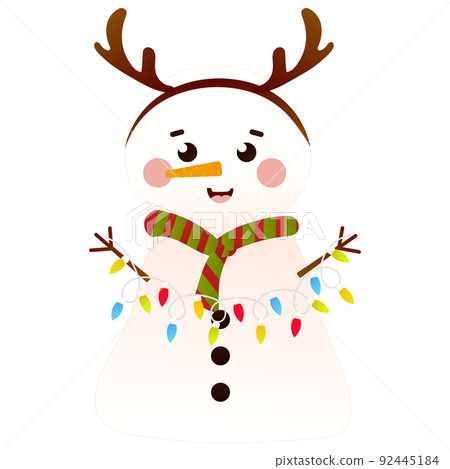 Cute snowman with reindeer headband holding christmas lights garland in cartoon style, isolated on white background Cute snowman with reindeer headband holding christmas lights garland in cartoon style, isolated on white background 92445184