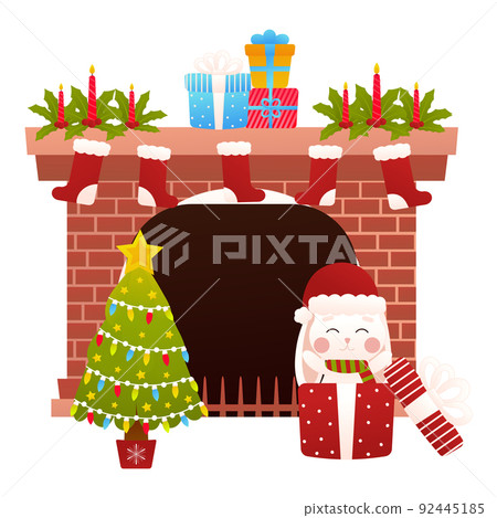 Cute bunny jumps out of the gift box, christmas tree and decorated fireplace in cartoon style Cute bunny jumps out of the gift box, christmas tree and decorated fireplace in cartoon style 92445185