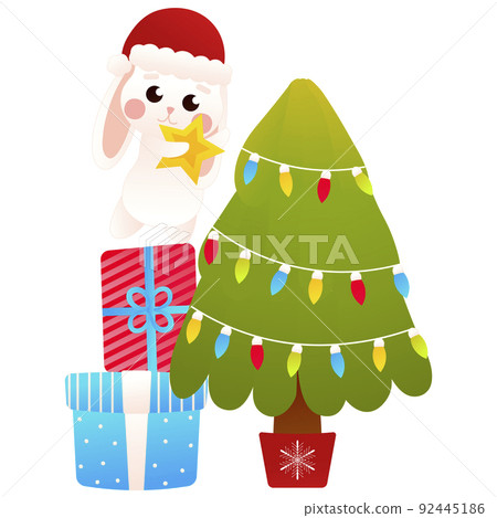 Cute bunny decorating christmas tree in cartoon style, isolated on white background, clip art for poster design Cute bunny decorating christmas tree in cartoon style, isolated on white background, clip art for poster design 92445186