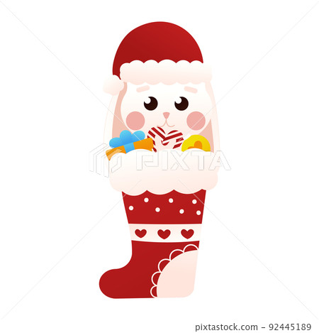 Cute bunny hiding in christmas socking in cartoon style, isolated on white background, clip art for poster design Cute bunny hiding in christmas socking in cartoon style, isolated on white background, clip art for poster design 92445189