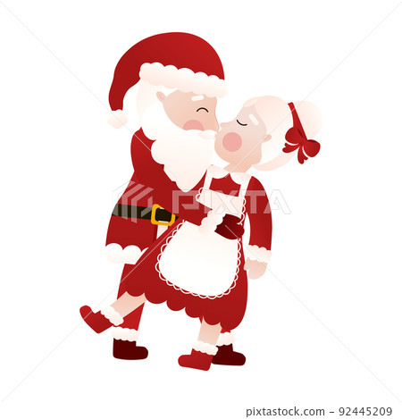 Santa and Mrs Claus dancing together and kissing in cartoon style on white background, clip art for poster design 92445209