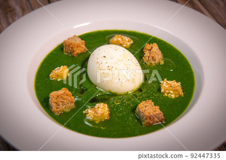 RECIPE FOR SOFT-BOILED EGG ON A COULIS OF TETRAGONE, BASIL, SAVORY AND PARSLEY SEASONED WITH RECIPE FOR SOFT-BOILED EGG ON A COULIS OF TETRAGONE, BASIL, SAVORY AND PARSLEY SEASONED WITH 92447335