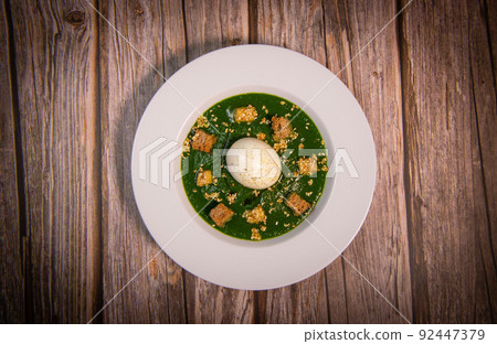 RECIPE FOR SOFT-BOILED EGG ON A COULIS OF TETRAGONE, BASIL, SAVORY AND PARSLEY SEASONED WITH RECIPE FOR SOFT-BOILED EGG ON A COULIS OF TETRAGONE, BASIL, SAVORY AND PARSLEY SEASONED WITH 92447379