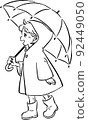 Cute girl wearing a raincoat holding an umbrella Hand-drawn style illustration line drawing material 92449050