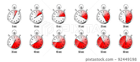 Realistic classic stopwatch icons. Shiny metal chronometer, time counter with dial. Red countdown timer showing minutes and seconds. Time measurement for sport, start and finish. Vector illustration 92449198