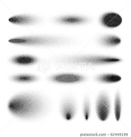 Stipple shadows set, dotted design elements. Fading gradient. Stippling, dotwork drawing, shading using dots. Pixel disintegration, halftone effect. White noise grainy texture. Vector illustration 92449199