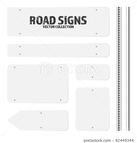 Various road, traffic signs. Highway signboard on a chrome metal pole. Blank white board with place for text. Directional signage and wayfinder. Information sign mockup. Vector illustration 92449344