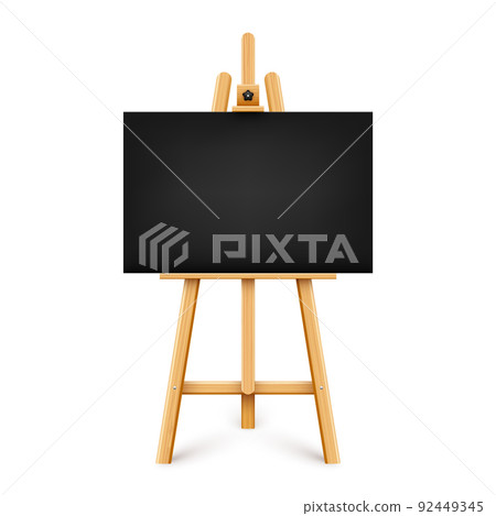 Realistic paint desk with blank black canvas Stock