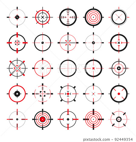 Crosshair, gun sight vector icons. Bullseye, black target or aim symbol. Military rifle scope, shooting mark sign. Targeting, aiming for a shot. Archery, hunting and sports shooting. Game UI element. Crosshair, gun sight vector icons. Bullseye, black target or aim symbol. Military rifle scope, shooting mark sign. Targeting, aiming for a shot. Archery, hunting and sports shooting. Game UI element. 92449354
