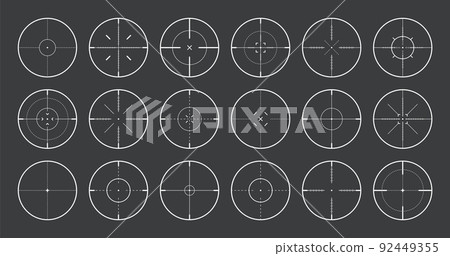 Various sniper rifle sights, weapon optical scope crosshair. Hunting gun viewfinder. Shooting mark symbol, aim. Military target sign. Game interface UI element. Vector illustration Various sniper rifle sights, weapon optical scope crosshair. Hunting gun viewfinder. Shooting mark symbol, aim. Military target sign. Game interface UI element. Vector illustration 92449355