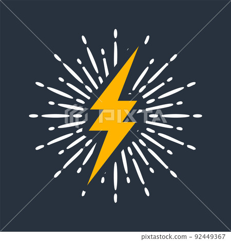 Yellow vintage lightning bolt and sun rays. Lightnings with sunburst effect. Thunderbolt, electric shock sign. Vector illustration Yellow vintage lightning bolt and sun rays. Lightnings with sunburst effect. Thunderbolt, electric shock sign. Vector illustration 92449367