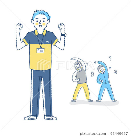 Elderly people doing gymnastics with men who teach exercise 92449637