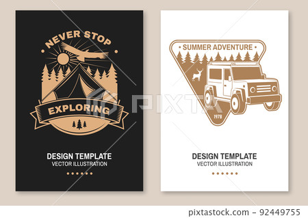 Set of camping inspirational quotes. Vector. Concept for flyer, brochure, banner, poster. Vintage typography design with camper tent, condor, off road car and forest silhouette. Set of camping inspirational quotes. Vector. Concept for flyer, brochure, banner, poster. Vintage typography design with camper tent, condor, off road car and forest silhouette. 92449755