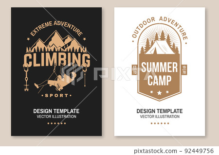 Set of camping inspirational quotes. Vector. Concept for flyer, brochure, banner, poster. Vintage typography design with camper tent, climber, carabiners, climbing cams, hexes and mountain silhouette. Set of camping inspirational quotes. Vector. Concept for flyer, brochure, banner, poster. Vintage typography design with camper tent, climber, carabiners, climbing cams, hexes and mountain silhouette. 92449756