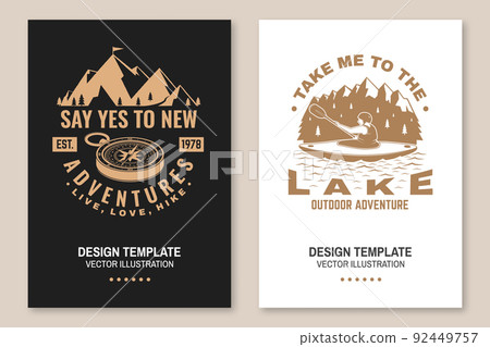 Set of camping inspirational quotes. Vector. Concept for flyer, brochure, banner, poster. Vintage typography design with compass, man in canoe, lake and mountain silhouette. Set of camping inspirational quotes. Vector. Concept for flyer, brochure, banner, poster. Vintage typography design with compass, man in canoe, lake and mountain silhouette. 92449757