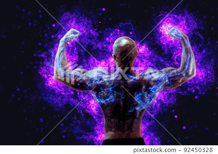 Back view of a muscular body builder flexing his muscles with energy lights on hands concept Back view of a muscular body builder flexing his muscles with energy lights on hands concept 92450328
