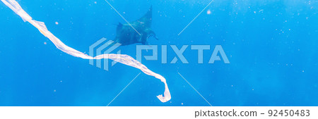 Manta ray and trash floats in the blue water of the ocean BANNER, LONG FORMAT 92450483