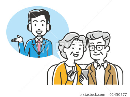 Image illustration material of senior couple receiving online consultation at home Image illustration material of senior couple receiving online consultation at home 92450577