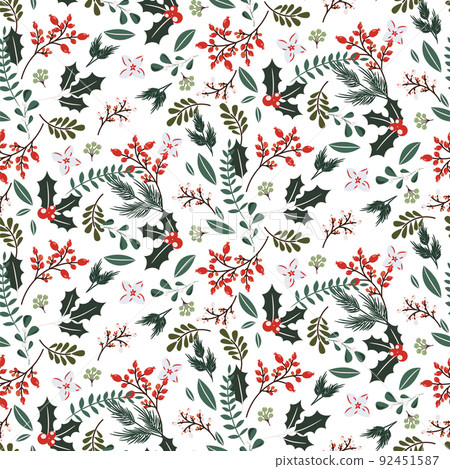 Christmas tree branches and berries seamless pattern. Winter holidays white background wrap paper design. Christmas tree branches and berries seamless pattern. Winter holidays white background wrap paper design. 92451587