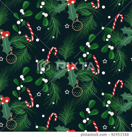 Christmas tree branches and berries, candy cane seamless pattern. Winter holidays blue wrap paper design 92451588