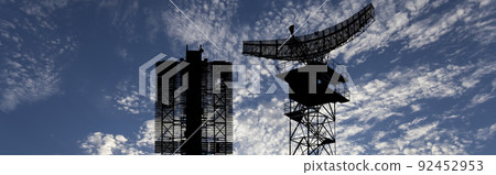 Air defense radars of military mobile anti aircraft systems (radar is designed  and automatic tracking of targets and missiles) , modern army industry on background clouds and sky,Russia 92452953