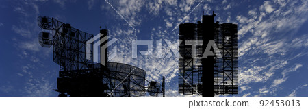 Air defense radars of military mobile anti aircraft systems (radar is designed  and automatic tracking of targets and missiles) , modern army industry on background clouds and sky,Russia 92453013