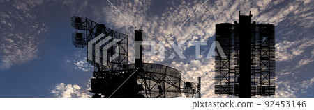 Air defense radars of military mobile anti aircraft systems (radar is designed  and automatic tracking of targets and missiles) , modern army industry on background clouds and sky,Russia 92453146