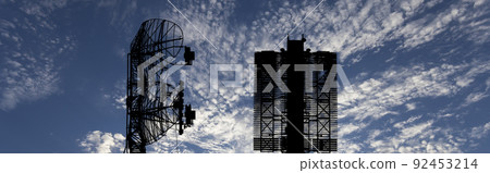 Air defense radars of military mobile anti aircraft systems (radar is designed and automatic tracking of targets and missiles) , modern army industry on background clouds and sky,Russia Air defense radars of military mobile anti aircraft systems (radar is designed and automatic tracking of targets and missiles) , modern army industry on background clouds and sky,Russia 92453214