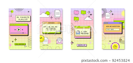 Cool stories or post template, retro browser computer window in 90s vaporwave with geek stickers. Y2k aesthetic background for social media, with pc message boxes, UI, UX elements. Vector illustration 92453824