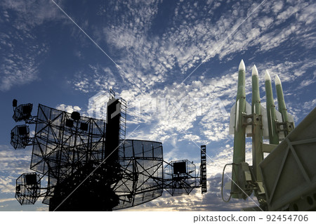 Air defense radars of military mobile anti aircraft systems and modern Russian anti aircraft missiles OSA-AKM on background clouds and sky,Russia Air defense radars of military mobile anti aircraft systems and modern Russian anti aircraft missiles OSA-AKM on background clouds and sky,Russia 92454706
